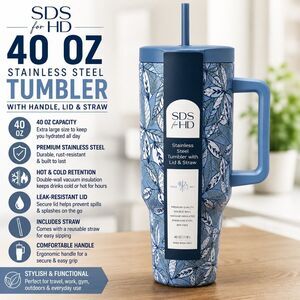 SDS for HD 40 oz Stainless Steel Tumbler Handle Lid Straw Blue Floral Travel Mug